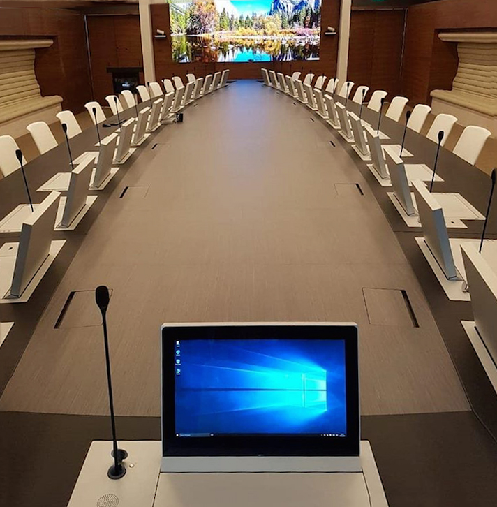 retractable monitors with microphone for meeting rooms