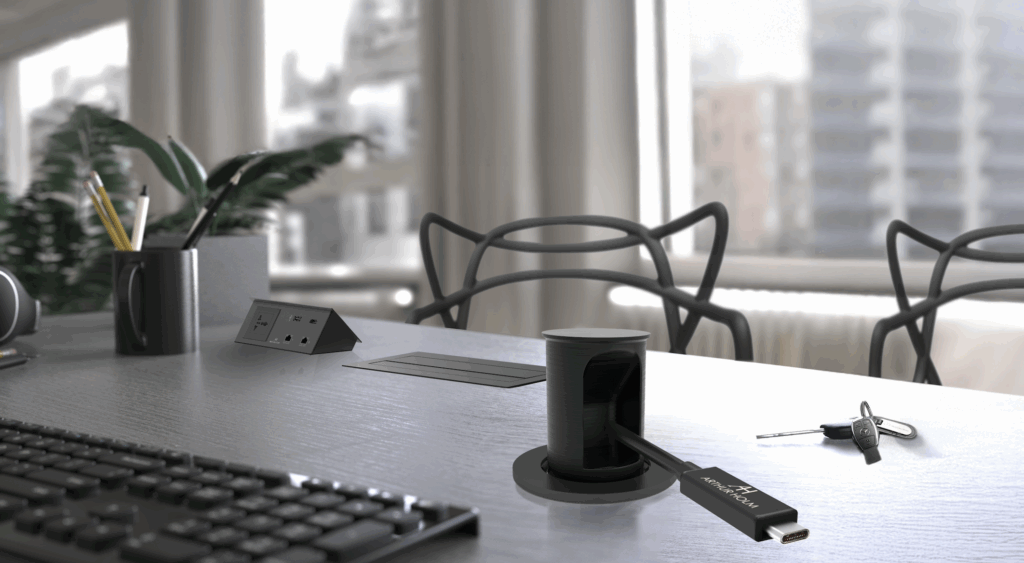 Visual representation of modern meeting room technology, highlighting AV and IT integration for hybrid collaboration.