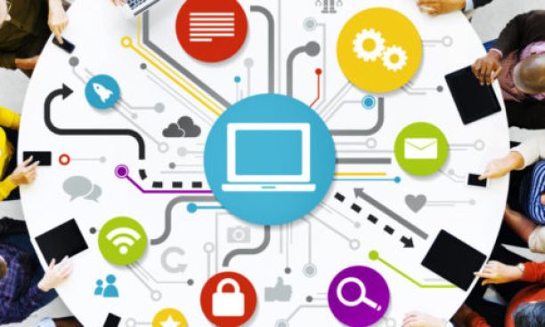 People at a round table with networking graphic.